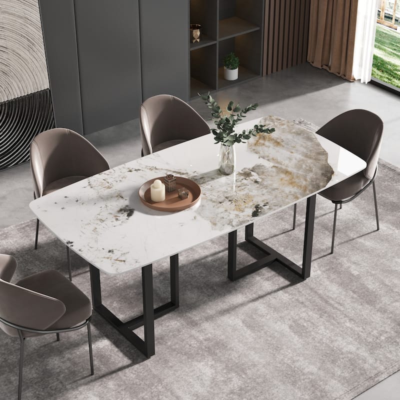 71'' Modern Artificial Marble Dining Table with Carbon Steel Base - double pedestal