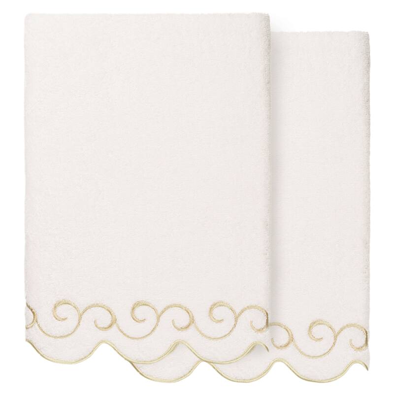 Authentic Hotel and Spa 100% Turkish Cotton SIMPLICITY Scallop Embellished Towel Collection - White/Beige - 2 Bath Towels