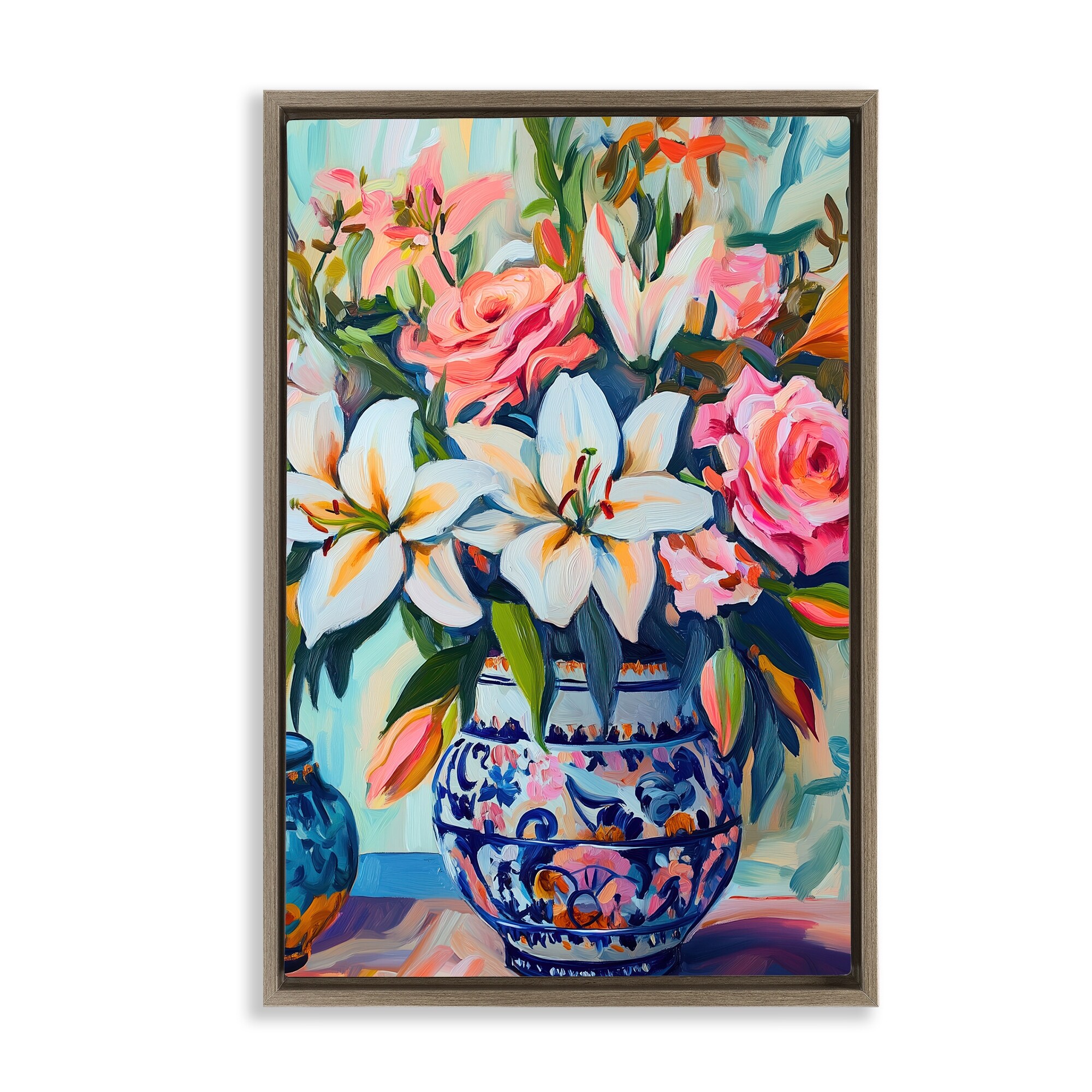Stupell Colorful Flowers in Blue Ornate Vase Framed Floater Canvas Wall Art Design By Gina Kelly