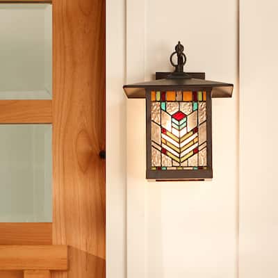 River of Goods Multicolor Stained Glass and Oil Rubbed Bronze 1-Light Outdoor Lantern Wall Sconce - 10.75" x 9" x 11.75"