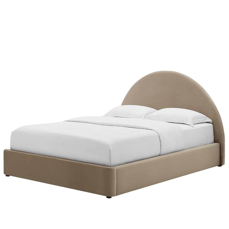 Palmetto Modern Round Headboard Taupe Velvet Upholstered King Size Platform Bed