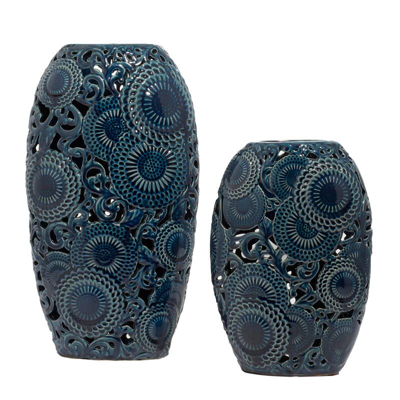 Blue Ceramic Eclectic Vase Set of 2