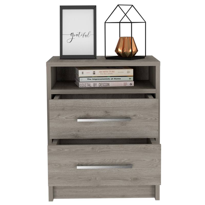 Wood 2-Drawer Nightstand with Shelf and Metal Accents