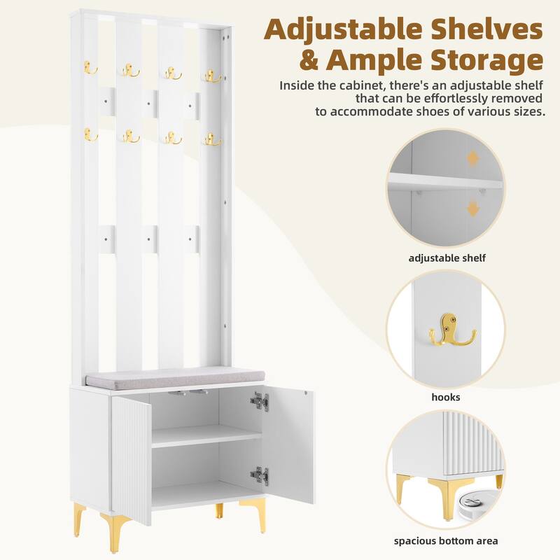 Modern Hall Tree, Wood Coat Rack with 8 Gold Hooks and Legs, Entryway Upholstered Bench with Adjustable Shelves & Doors