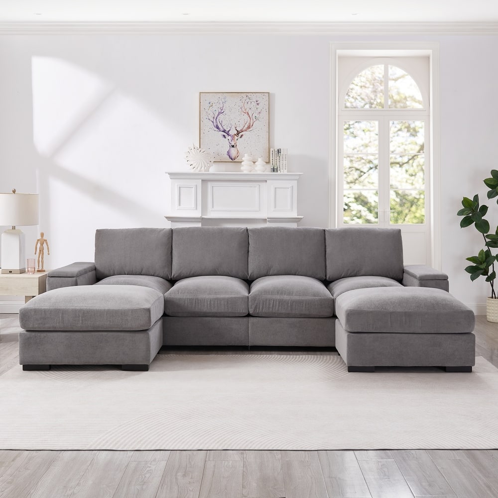 U-Shaped Sectional Sofa with Movable Ottomans, Comfy Corduroy Deep Seat Sofa, Large 4 Seat Sofa with Storage Armrests