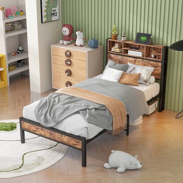 slide 2 of 10, Metal Twin Size Platform Bed with Storage Headboard and Bookcase Black+Brown