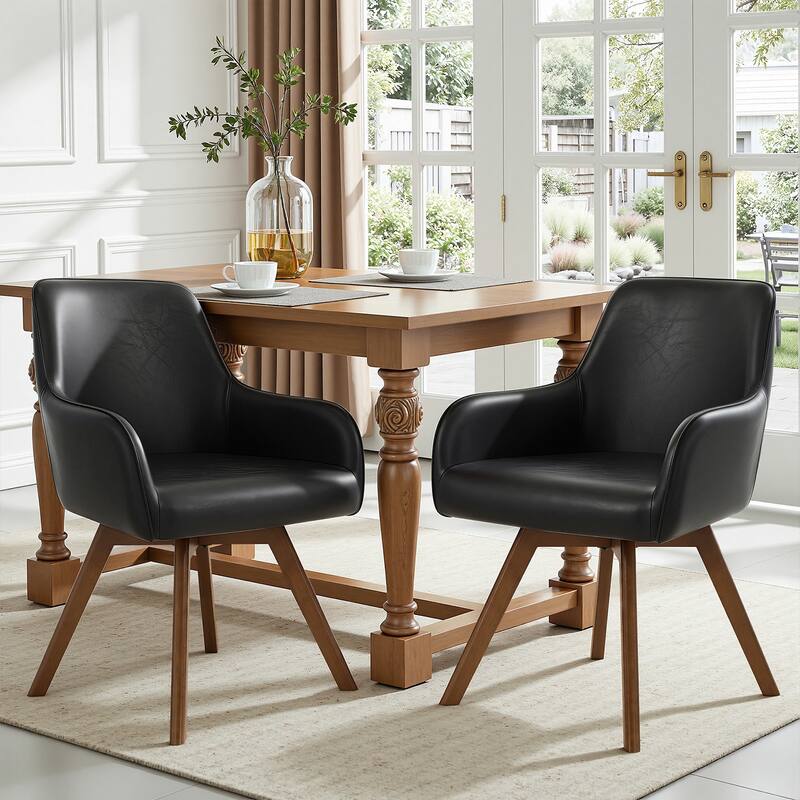 Swivel Upholstered Dining Chair Set of 2 Armchair with Beech Wood Legs - 33.3" H x 23.2" W x 22.4" D - Set of 2 - Black-PU