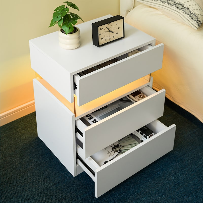 GDF Studio - Avalon Modern LED Nightstand with Acrylic Light Panel and Three Storage Drawers