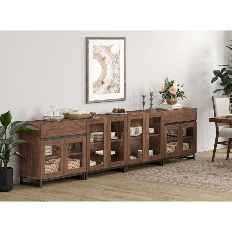 4 in 1 Multifunctional Sideboard Buffet with Glass Doors & 5 Drawers, Modern Credenza with Adjustable Shelf and Metal Base - 126 inches - Brown