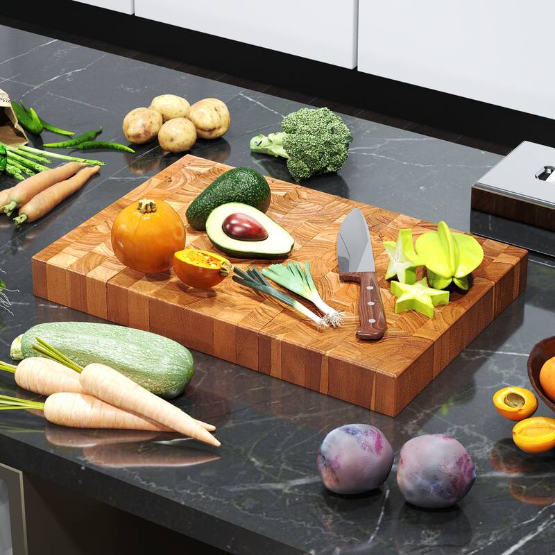 Multi-Purpose Teak Wood End Grain Cutting Board with Hand Grips Reversible Chopping and Serving Board - 18" L x 12" W x 2" H