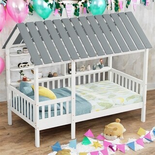Twin Size House Bed with Roof and Storage Shelves
