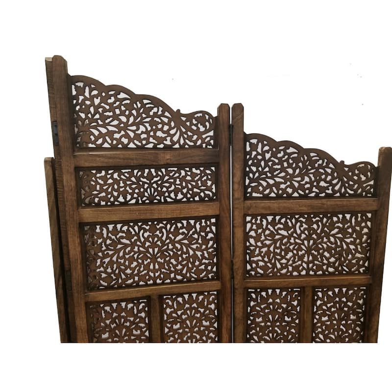 Benzara Hand Carved Foldable 4 Panel Wooden Partition Screen Room Divider,Brown