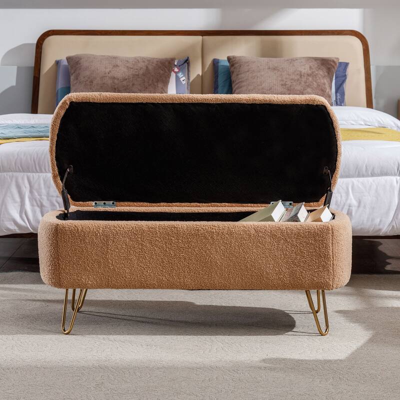 Oval Storage Ottoman Bench with Gold Legs by GDFStudio - 39.37"L x15.75"W x 15.50"H