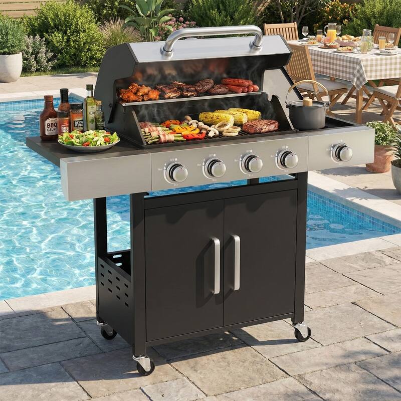 4-Burner Outdoor Gas Grill with Side Burner, 304 Stainless Steel Tabletop & Lid, Portable for Patio, Garden, Backyard