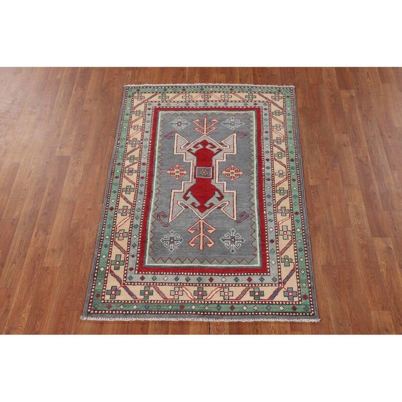 Gray Geometric Kazak Foyer Rug Hand-Knotted Traditional Wool Carpet - 3'4" x 4'9"
