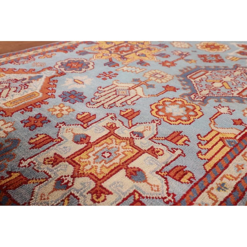Light Blue Geometric Oushak Oriental Foyer Rug Handmade Wool Carpet - 4'0"x 6'2"