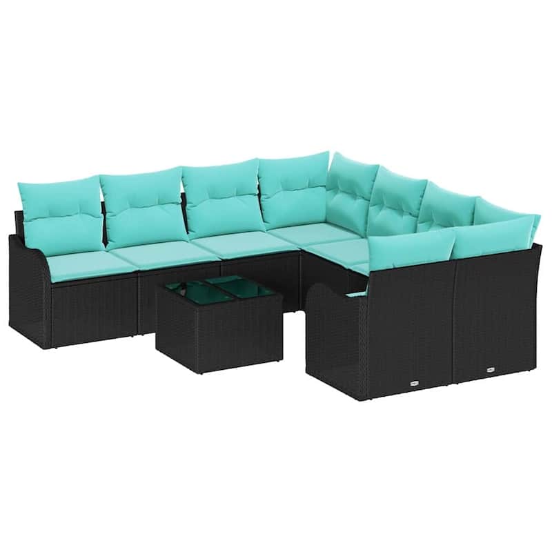 vidaXL 9 Garden Sofa Set with Cushions Black/Brown/Grey Poly Rattan - 91.5 x 92.1 x 27.2