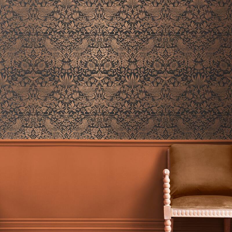 William Morris Strawberry Thief Fibrous Charcoal Wallpaper