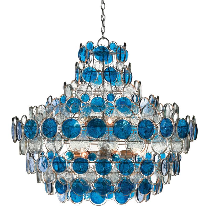 Currey & Company Galahad Blue Chandelier - 40"h x 43"dia - 40"h x 43"dia - Contemporary Silver Leaf/Painted Silver/Blue