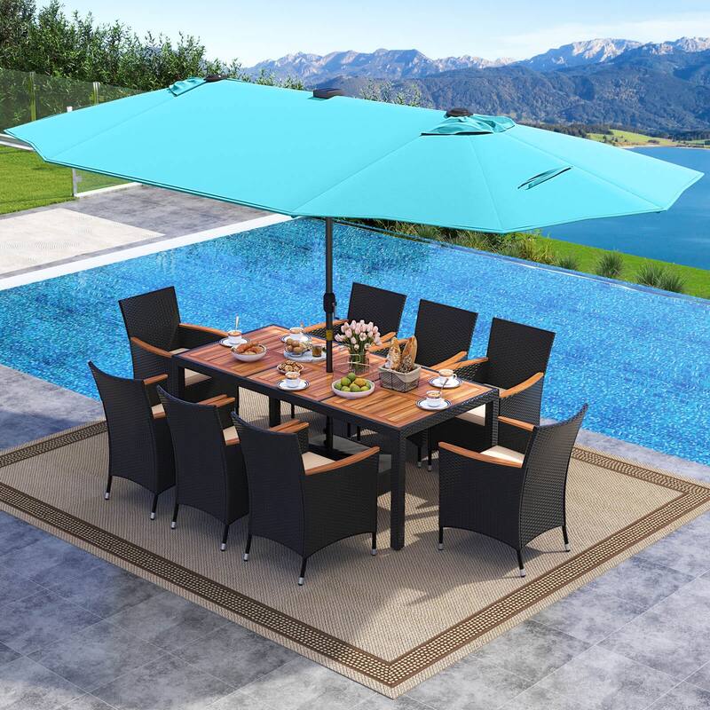 Gymax 11 PCS Patio Dining Set w/ 15ft Double-Sided Patio Umbrella
