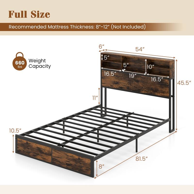 Metal Platform Bed Frame with Headboard Storage and USB Charging Ports