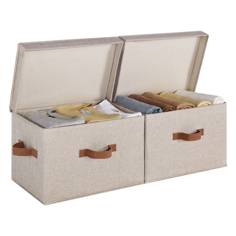 2-Pack Closet Storage Bin with Lid and Handle, Large Fabric Storage Box for Clothes, Towels, Toys, Shoes - Medium - Brown