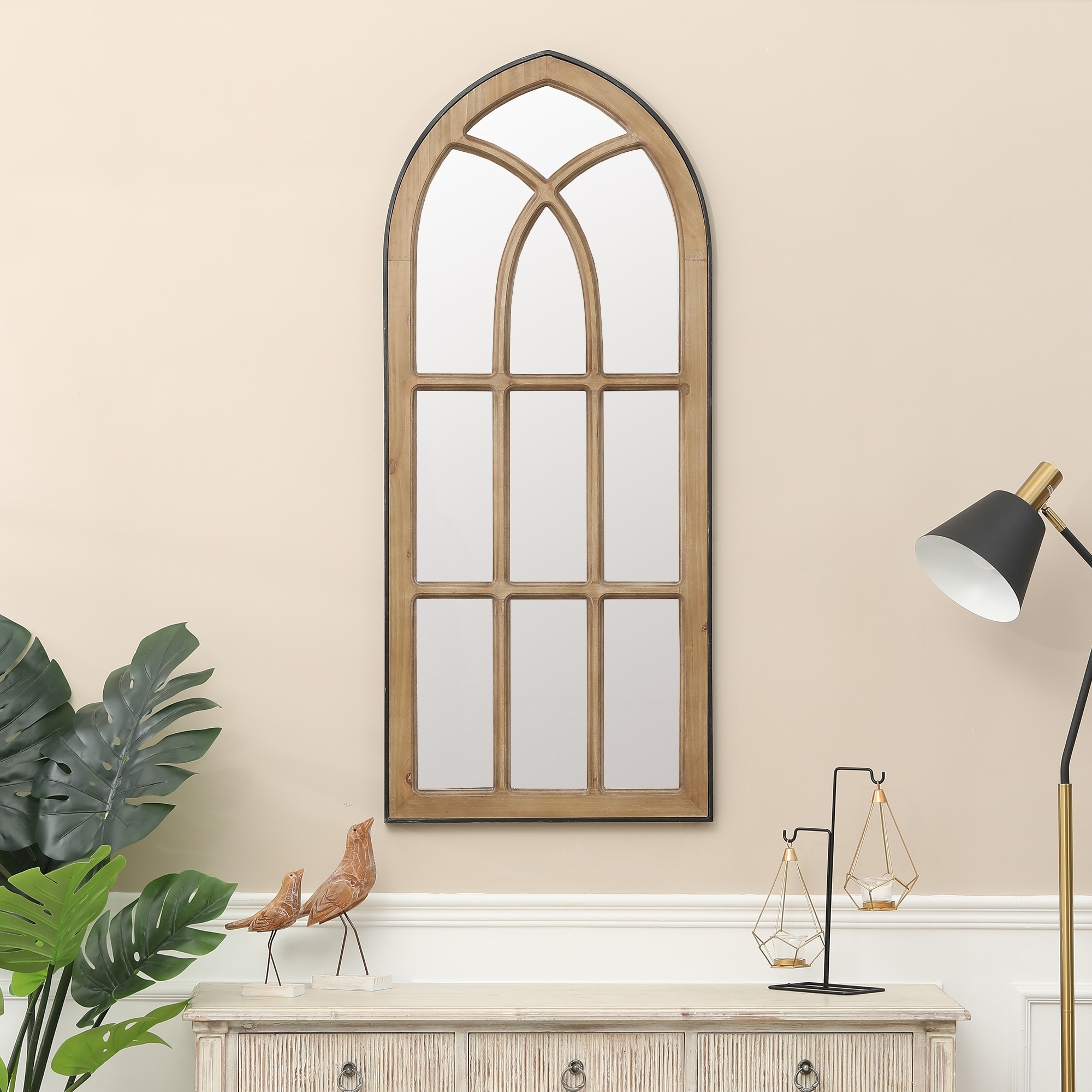 Brown and Black Natural Wood Arched Window Wall Mirror - 48.6" H x 20.6" W