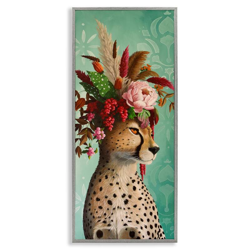 Stupell Elegant Leopard with Flower Arrangement Framed Giclee Art Design By Heather Gauthier - 10 x 24 - Grey