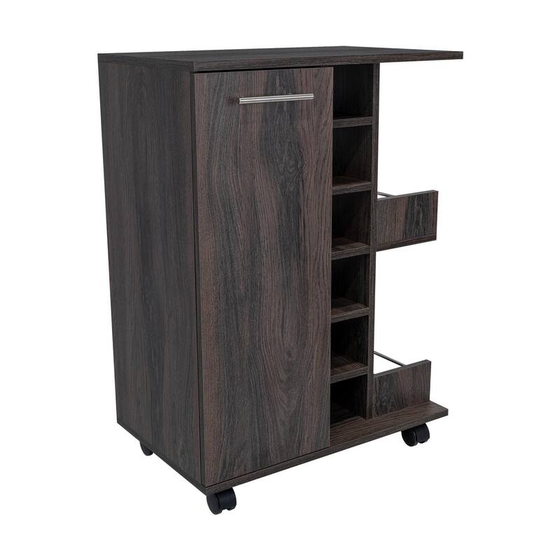 Bar Cart, Two External Shelves, Four Casters, Six Built-in Wine Rack, Single Door Cabinet -Espresso - Brown