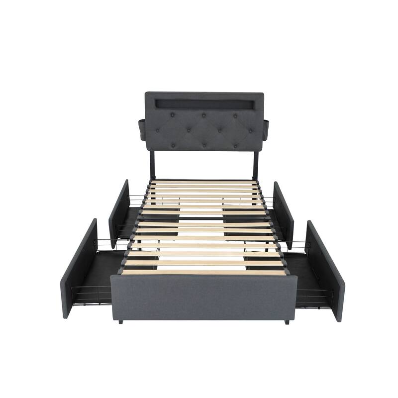 Dark Grey Twin Size Platform Bed with 4 Storage Drawers,USB Charging Station and LED Lights