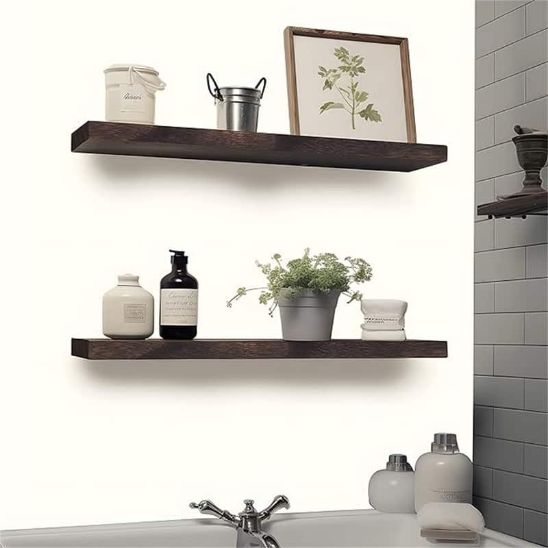 24 Inch Rustic Floating Shelves for Wall Decor Farmhouse Wood Wall Shelf for Bathroom Kitchen Bedroom Living Room Set of 4 Brown