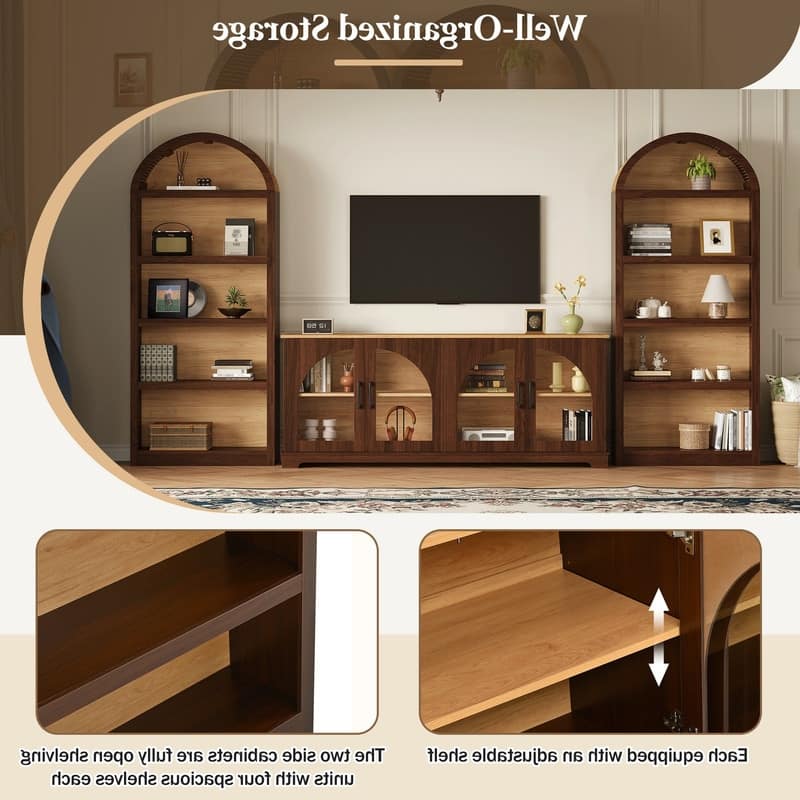 Farmhouse 3-Piece TV Stand Set for TVs Up to 70", Entertainment Center with Arched Sideboard and Glass Doors for Living Room