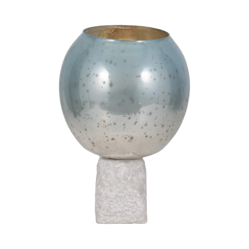 Sagebrook Home Glass Aqua/White Round Bowl Pillar Holder w/Marble Base - 10" x 10" x 15"