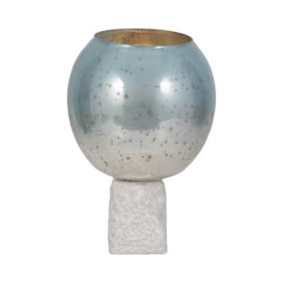 Sagebrook Home Glass Aqua/White Round Bowl Pillar Holder w/Marble Base