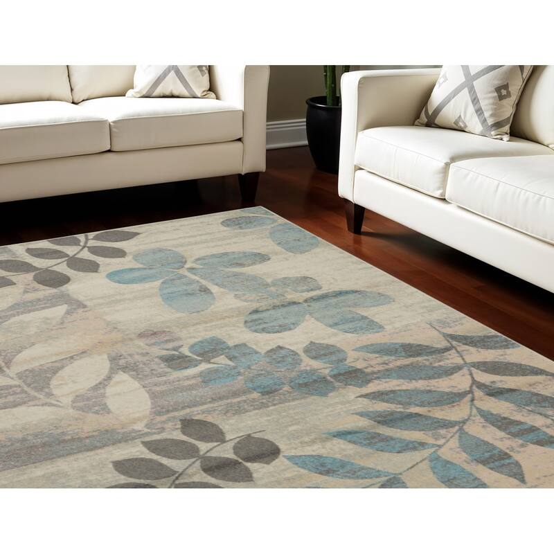 HomeRootsBotanical Leaves Cottage Rectangle Area Rug - 120' X '84' X '0.5 - 120' X '84' X '0.5 - Blue/Ivory/Gray