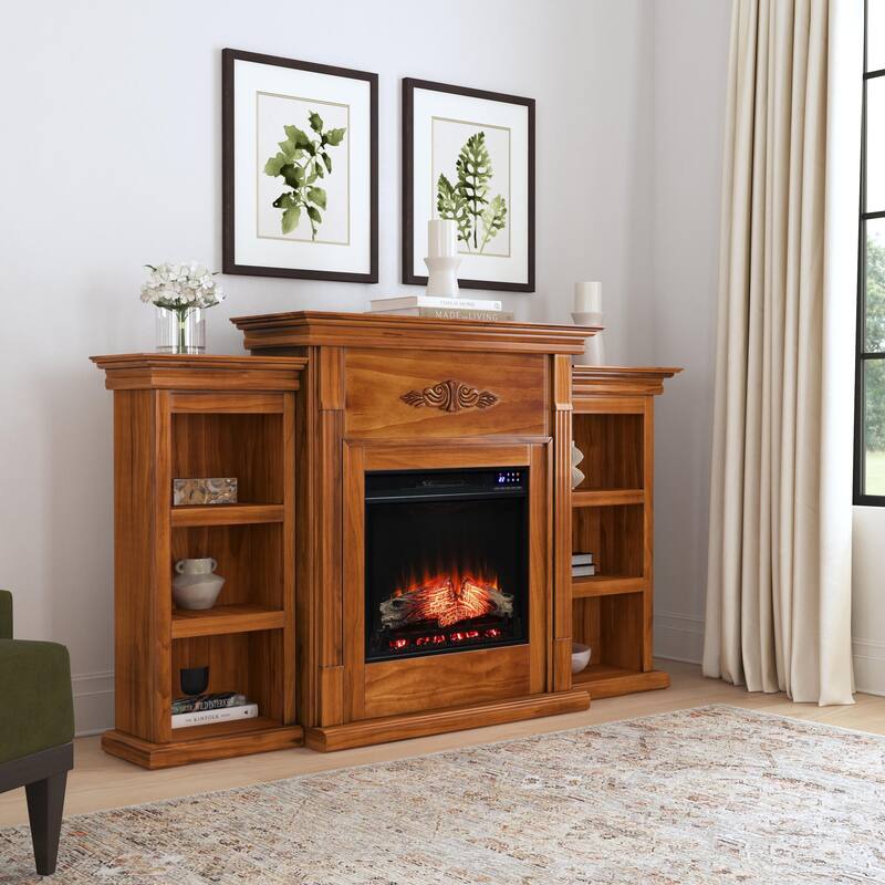 SEI Furniture Jennifer Electric Fireplace and Mantel with Bookshelves - Mirrored Reflector Firebox