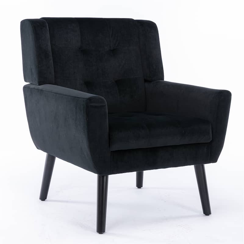 Black Velvet Modern 29.53" Upholstered Buttons Tufted Accent Chair with Black Solid Wood Legs