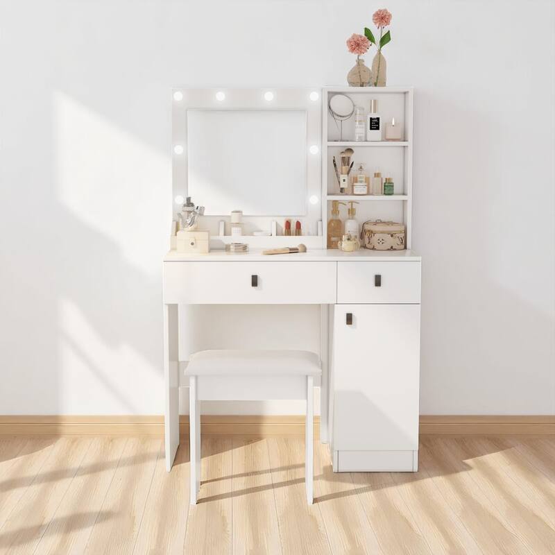 35" Makeup Vanity Table with Lighted Mirror, Hidden Storage Cabinet, Drawers & Touch Control Lighting Modes - White