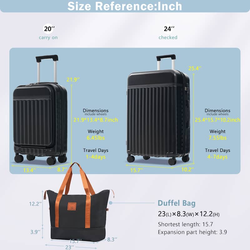 Front Opening Luggage Set 3 Piece,USB Port, Expandable Luggage with Handle Bag Spinner Wheels TSA Lock