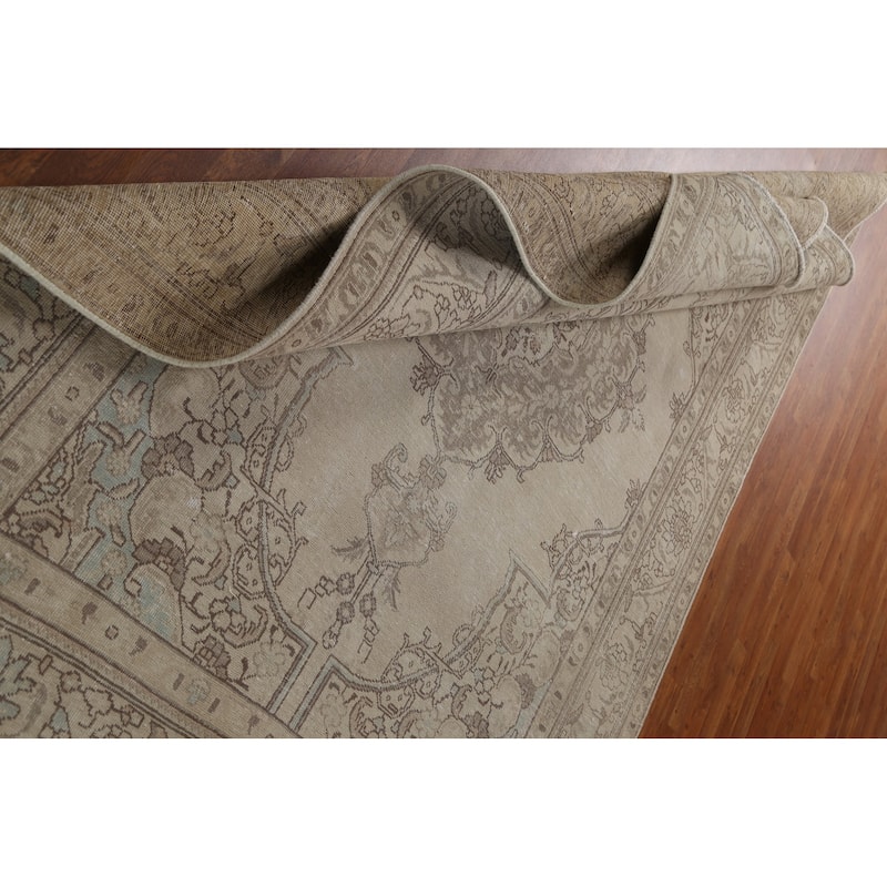 Hand Knotted Oriental 100% Wool Carpet Traditional Medallion Beige & Ivories Tabriz Area Rug - 9' 0'' X 6' 4''