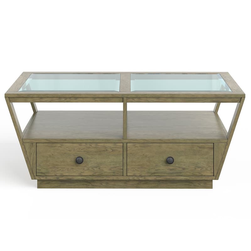 Magnussen Home Hardison Warm Stone And Clear Glass Rectangular Cocktail Table With Casters - 48''W x 26''D x 18.63''H