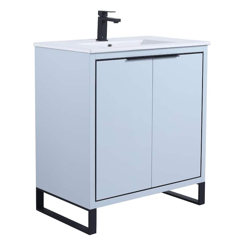Fine Fixtures Opulence Collection Bathroom Vanity with White Ceramic Sink - 30 Inch - Pastel Blue - Black Hardware