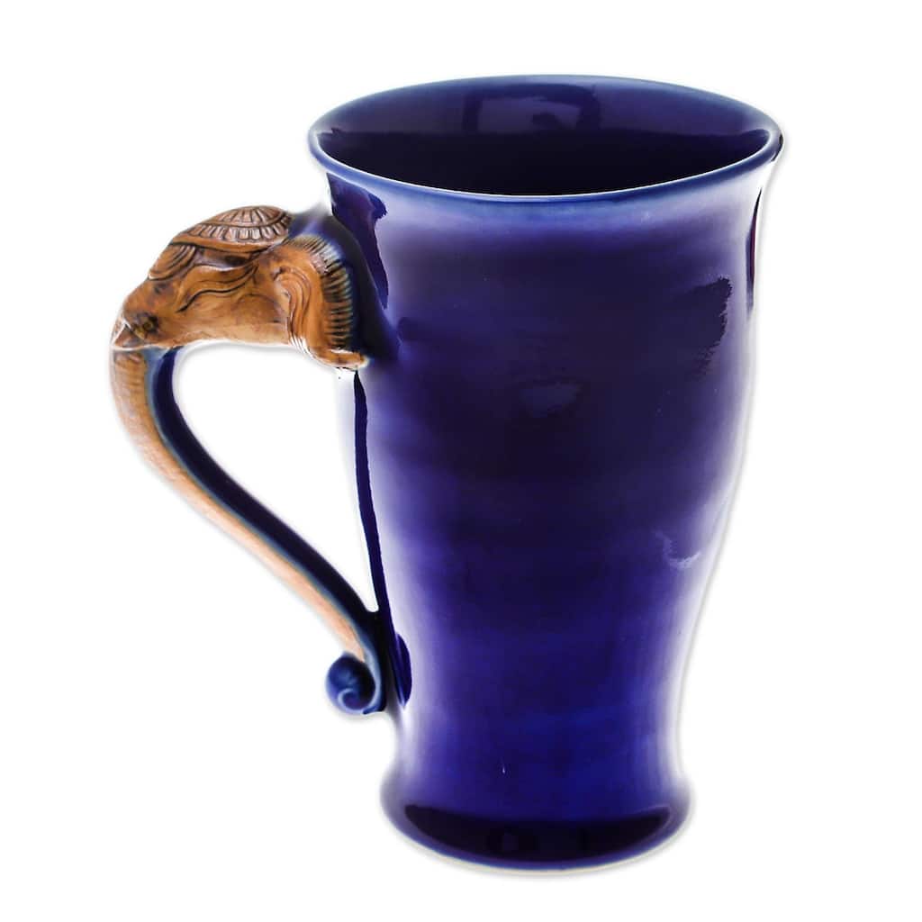 Handmade Elephant Handle In Blue Ceramic Mug (Thailand)