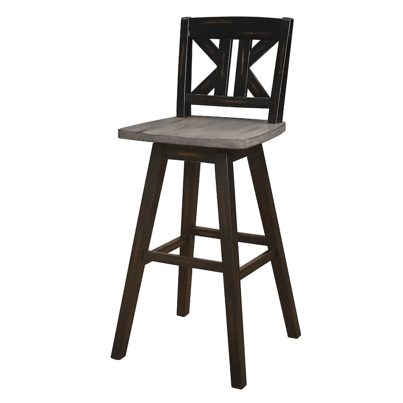 Ati 29 Inch Bar Height Stool Swivel Chairs Set of 2, X Back, Distressed Gray, Black