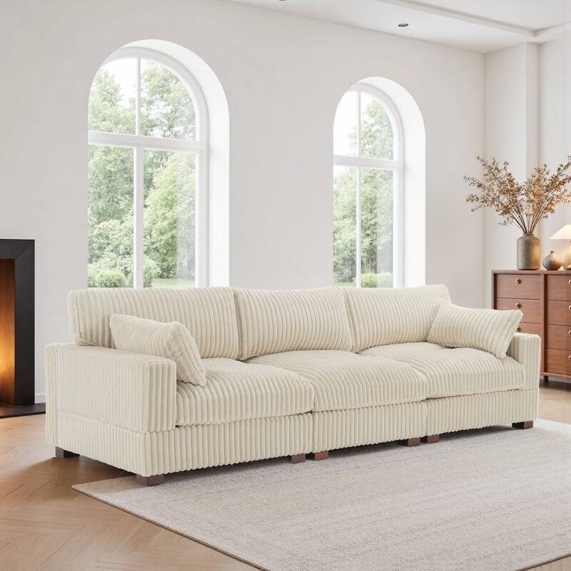 Plush Corduroy Upholstered Modular Sectional Sofa with Pillows - Symmetrical - White-3 Pieces
