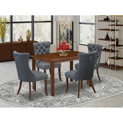 5-Piece Antique Walnut Finish Solid Wood Top - Rectangular Upholstered Dining Room Set - Seats 4