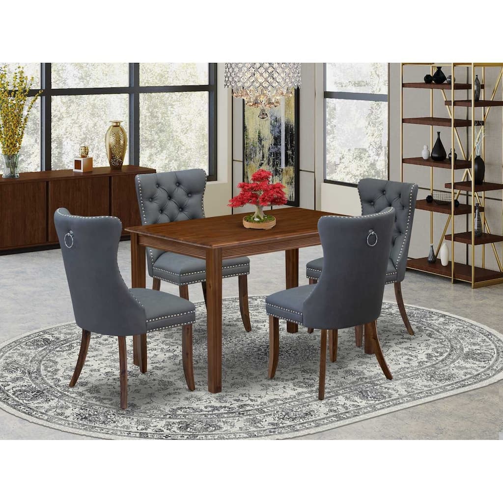 5-Piece Antique Walnut Finish Solid Wood Top - Rectangular Upholstered Dining Room Set - Seats 4