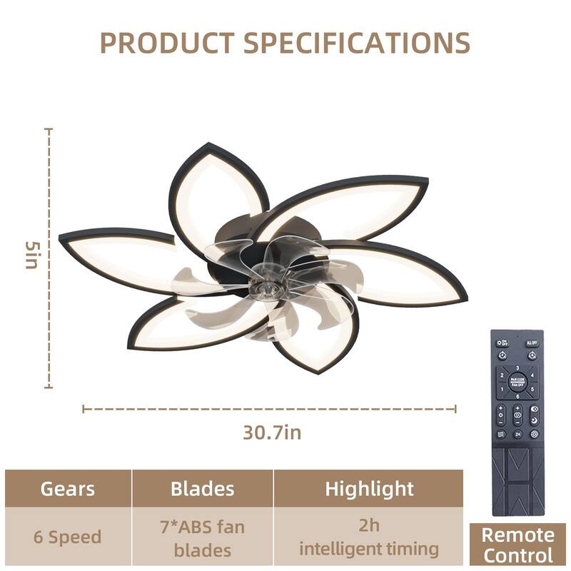 Indoor Flush Mount Ceiling Fan with Flower Shaped LED Light and Remote Control, Reversible Inverter Silent Copper Core Motor