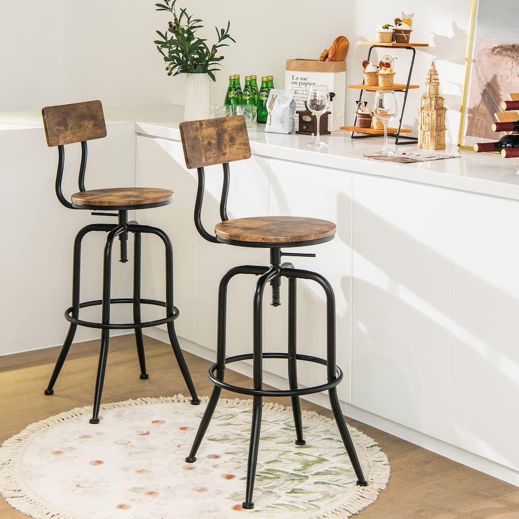 Set of 2 Rustic Brown Adjustable Swivel Bar Stools with Backrest and Black Metal Frame Footrest
