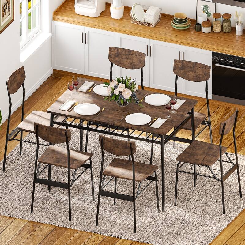 7-Piece Dining Table Set for 6, 43.3'' Kitchen Table and Wood Chairs with Storage and Backrest